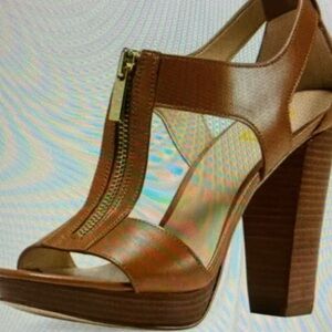 Brown Leather T-strap Block Heel Sandals